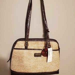Woven w Brown Trim Dual Strap Shoulder Bag